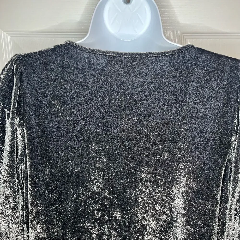 LOFT V-Neck Puff Sleeve Velvet Top Charcoal Gray S